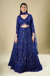 Azeera_Blue Net Sequins, Embroidery, Tassels V-neck Lehenga Set _Online_at_Aza_Fashions