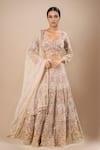 Buy_Azeera_Peach Net Sequins, Embroidery, Zari V-neck Lehenga Set _at_Aza_Fashions