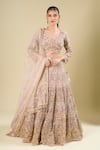 Buy_Azeera_Peach Net Sequins, Embroidery, Zari V-neck Lehenga Set _Online_at_Aza_Fashions