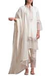 Shop_Sue Mue_Off White Cotton, Organza, Linen Split Neck Embroidered Kurta Set _Online_at_Aza_Fashions