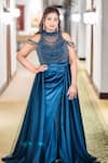 Buy_Eli Bitton_Blue Satin, Polyester Pearls High Neck Embroidered Slit Gown 