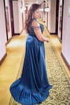 Buy_Eli Bitton_Blue Satin, Polyester Pearls High Neck Embroidered Slit Gown _Online