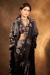 Gazab by Miku Kumar_Black Modal, Satin Collared, Nyrah Print Pre-draped Pant Saree And Jacket Set 
