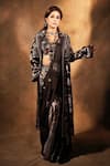 Gazab by Miku Kumar_Black Modal, Satin Collared, Nyrah Print Pre-draped Pant Saree And Jacket Set 