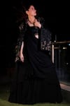 Buy_Miku Kumar_Black Georgette, Viscose Embroidery, Tassels Cape And Pre-draped Lehenga Saree Set 