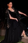 Shop_Miku Kumar_Black Georgette, Viscose Embroidery, Tassels Cape And Pre-draped Lehenga Saree Set 