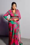 Buy_Miku Kumar_Pink Silk Beads Collared Daisy Printed Pre-draped Saree With Blazer _at_Aza_Fashions
