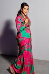 Miku Kumar_Pink Silk Beads Collared Daisy Printed Pre-draped Saree With Blazer _Online