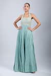 Buy_Samyukta Singhania_Green Tissue Beads, Sequins Halter , Square Yoke Embroidered Jumpsuit _at_Aza_Fashions