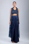 Buy_Samyukta Singhania_Blue Net, Satin Beads Mandarin Collar, V-neck Embroidered Jacket Skirt Set 