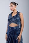 Shop_Samyukta Singhania_Blue Net, Satin Beads Mandarin Collar, V-neck Embroidered Jacket Skirt Set 