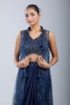 Samyukta Singhania_Blue Net, Satin Beads Mandarin Collar, V-neck Embroidered Jacket Skirt Set _Online
