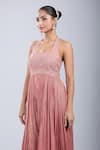 Shop_Samyukta Singhania_Peach Tissue Embroidery, Sequins Halter Neck Yoke Gown _Online_at_Aza_Fashions