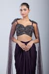 Samyukta Singhania_Wine Satin, Net Sequins, Embroidery Sweetheart Cape Blouse With Draped Skirt _Online_at_Aza_Fashions
