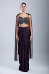 Buy_Samyukta Singhania_Wine Satin, Net Sequins, Embroidery Sweetheart Cape Blouse With Draped Skirt _Online_at_Aza_Fashions