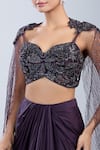 Shop_Samyukta Singhania_Wine Satin, Net Sequins, Embroidery Sweetheart Cape Blouse With Draped Skirt _Online_at_Aza_Fashions
