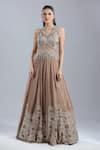Samyukta Singhania_Beige Net, Chinon Sequins, Beads, Embroidery V-neck Gown _Online_at_Aza_Fashions