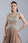 Buy_Samyukta Singhania_Beige Net, Chinon Sequins, Beads, Embroidery V-neck Gown _Online_at_Aza_Fashions