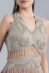 Samyukta Singhania_Beige Net, Chinon Sequins, Beads, Embroidery V-neck Gown _at_Aza_Fashions