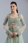 Samyukta Singhania_Green Net, Chinon Embroidery, Beads, Sequins Open Neck, Jacket Skirt Set _Online_at_Aza_Fashions