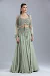 Buy_Samyukta Singhania_Green Net, Chinon Embroidery, Beads, Sequins Open Neck, Jacket Skirt Set 