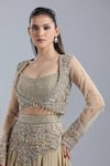 Samyukta Singhania Beige Net, Chinon Embroidery, Sequins, Beads Open Neck, Jacket Skirt Set at Aza Fashions Samyukta Singhania_Beige Net, Chinon Embroidery, Sequins, Beads Open Neck, Jacket Skirt Set _at_Aza_Fashions