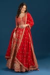 Azeera_Orange Silk, Net Embroidery, Zari Leaf Neck Zardozi Bridal Lehenga Set _at_Aza_Fashions