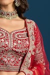 Azeera Red Dupion, Net Zari, Embroidery Leaf Neck Bridal Lehenga Set Online at Aza Fashions Azeera_Red Dupion, Net Zari, Embroidery Leaf Neck Bridal Lehenga Set_Online_at_Aza_Fashions