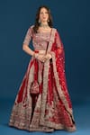 Buy Azeera Red Dupion, Net Zari, Embroidery Leaf Neck Bridal Lehenga Set at Aza Fashions Buy_Azeera_Red Dupion, Net Zari, Embroidery Leaf Neck Bridal Lehenga Set_at_Aza_Fashions