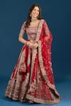 Shop Azeera Red Dupion, Net Zari, Embroidery Leaf Neck Bridal Lehenga Set Online at Aza Fashions Shop_Azeera_Red Dupion, Net Zari, Embroidery Leaf Neck Bridal Lehenga Set_Online_at_Aza_Fashions