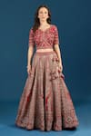Buy_Azeera_Red Dupion, Silk, Net Embroidery, Zari, Tassels V-neck Hand Bridal Lehenga Set _Online_at_Aza_Fashions
