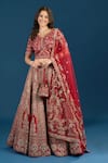 Buy_Azeera_Red Dupion, Silk, Net Embroidery, Zari, Tassels V-neck Hand Bridal Lehenga Set _at_Aza_Fashions