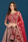 Azeera_Red Dupion, Silk, Net Embroidery, Zari, Tassels V-neck Hand Bridal Lehenga Set _at_Aza_Fashions