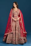 Azeera_Red Silk, Net Embroidery, Sequins, Zari, Tassels Leaf Neck Bridal Lehenga Set _Online_at_Aza_Fashions