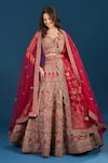 Buy_Azeera_Red Silk, Net Embroidery, Sequins, Zari, Tassels Leaf Neck Bridal Lehenga Set _at_Aza_Fashions