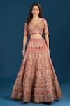 Azeera_Red Silk, Net Embroidery, Sequins, Zari, Tassels Leaf Neck Bridal Lehenga Set _at_Aza_Fashions