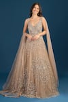 Buy_Samyukta Singhania_Beige Net Embroidery, Sequins, Beads V-neck Dark Gown _at_Aza_Fashions