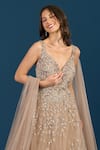 Shop_Samyukta Singhania_Beige Net Embroidery, Sequins, Beads V-neck Dark Gown _Online_at_Aza_Fashions