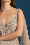 Samyukta Singhania_Beige Net Embroidery, Sequins, Beads V-neck Dark Gown _at_Aza_Fashions