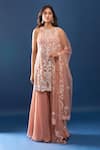Buy Azeera Peach Net Embroidery, Zari Round Neck Kurta Sharara Set at Aza Fashions Buy_Azeera_Peach Net Embroidery, Zari Round Neck Kurta Sharara Set _at_Aza_Fashions