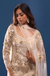 Azeera Ivory Net Embroidery, Sequins, Beads, Zari Leaf Neck Kurta Sharara Set at Aza Fashions Azeera_Ivory Net Embroidery, Sequins, Beads, Zari Leaf Neck Kurta Sharara Set _at_Aza_Fashions