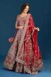 Azeera_Red Silk, Net Embroidery, Sequins, Zari Leaf Zardozi Hand Bridal Lehenga Set _Online_at_Aza_Fashions