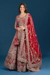 Buy_Azeera_Red Silk, Net Embroidery, Sequins, Zari Leaf Zardozi Hand Bridal Lehenga Set _at_Aza_Fashions