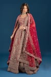 Buy_Azeera_Red Silk, Net Embroidery, Zari, Sequins Leaf Neck Zardozi Bridal Lehenga Set _at_Aza_Fashions