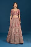 Azeera_Red Silk, Net Embroidery, Zari, Sequins Leaf Neck Zardozi Bridal Lehenga Set _Online_at_Aza_Fashions