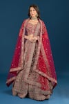 Buy_Azeera_Red Silk, Net Embroidery, Zari, Sequins Leaf Neck Zardozi Bridal Lehenga Set _Online_at_Aza_Fashions