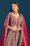 Shop_Azeera_Red Silk, Net Embroidery, Zari, Sequins Leaf Neck Zardozi Bridal Lehenga Set _Online_at_Aza_Fashions