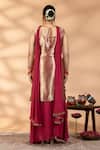Shop_Mamicha_Maroon Brocade, Net Embroidery, Zari, Tassels Square Neck Woven Kurta Set _at_Aza_Fashions