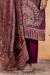 Mamicha_Wine Chiffon Embroidery Leaf Neck Printed Kurta Pant Set _Online_at_Aza_Fashions