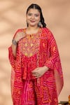 Mamicha_Magenta Georgette Embroidery, Mirrors Round Bandhani Print Kaftan And Pant Set _Online_at_Aza_Fashions